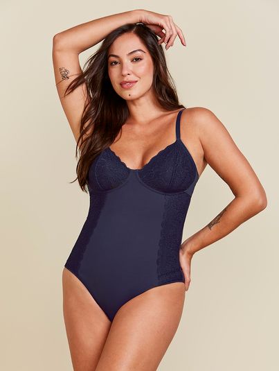 Body Sem Aro Sem Bojo Modelador Em Microfibra Com Renda Cinza Grafite