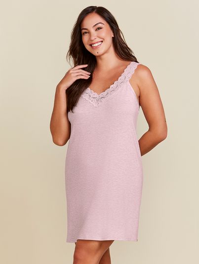 Camisola Curta Regata Em Viscose Com Renda Rosa Claro Mescla