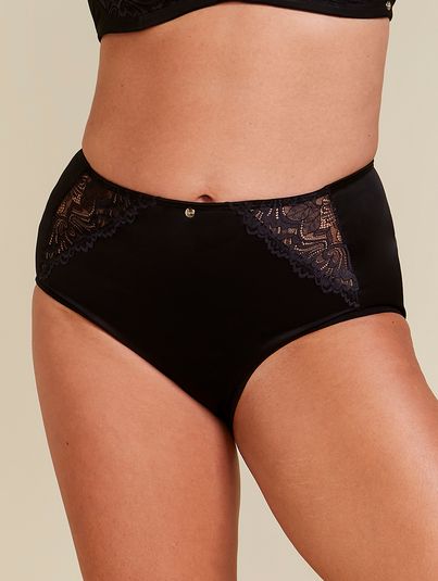 Calcinha Hot Pants Alta Cobertura Modeladora Em Cetinete E Renda Preto